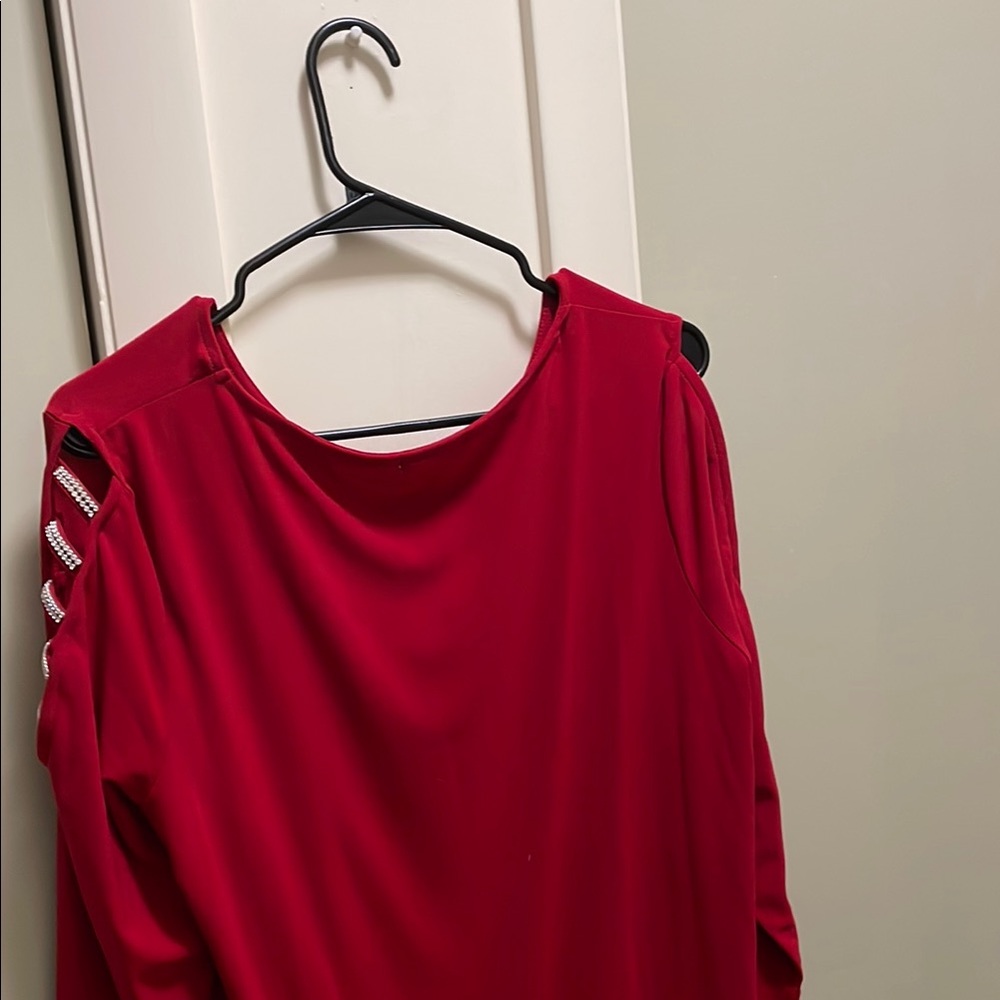 Elegant Red Cold Shoulder Top with Rhinestone Accents